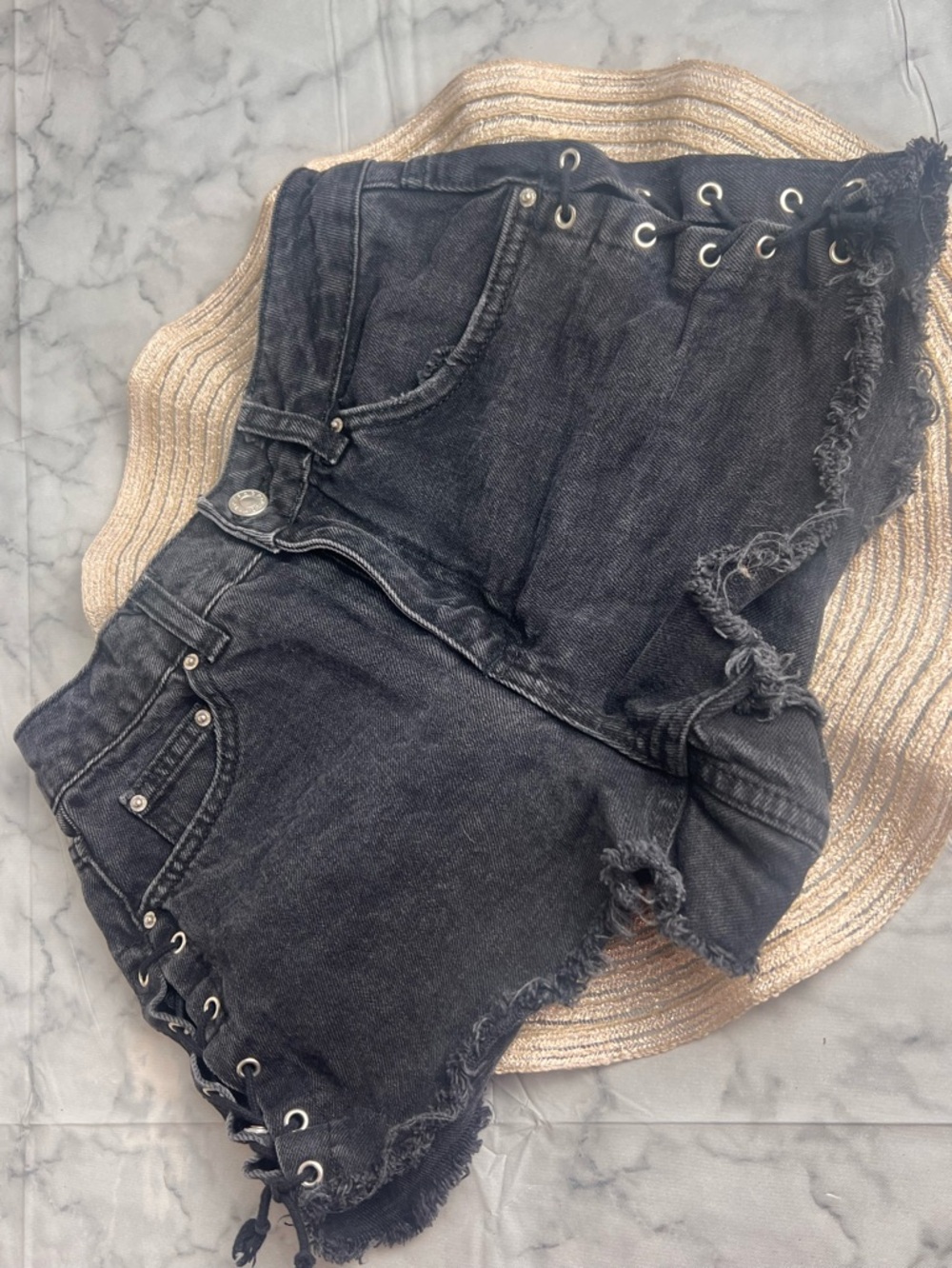 Topshop Lace Up Sides Soft Black Denim Petite Moto W24 Ultra Short Cheeky Short